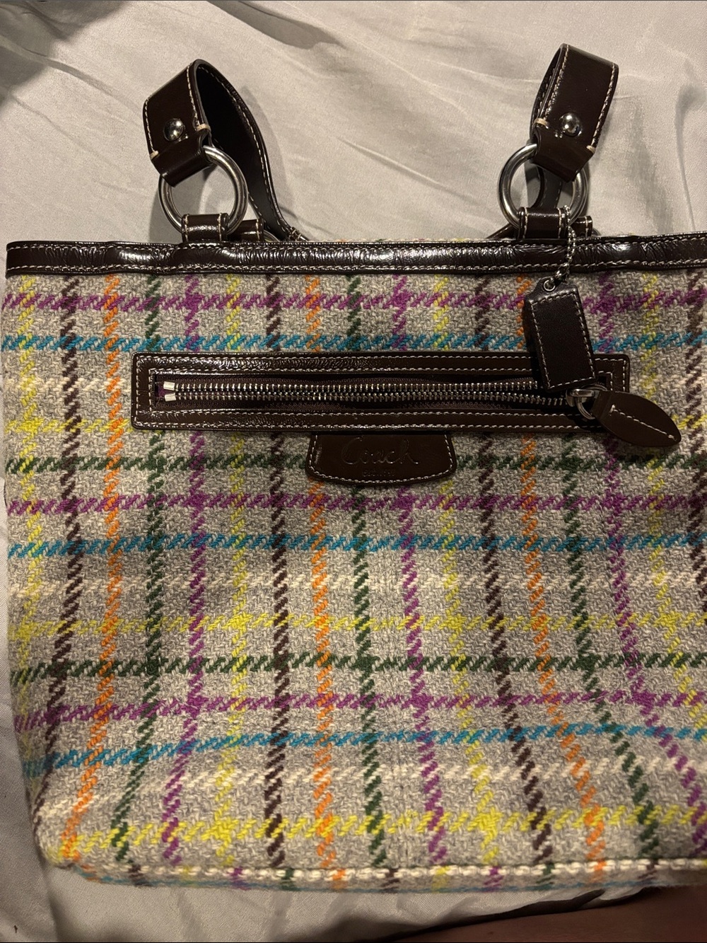 Coach Penelope Tattersall Multicolor Plaid Tote with Brown Trim and Handles